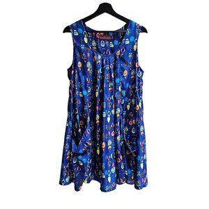 Sweet Sinammon Sleeveless Tunic Dress, Blue Fun Print, Slouchy Pockets Size L